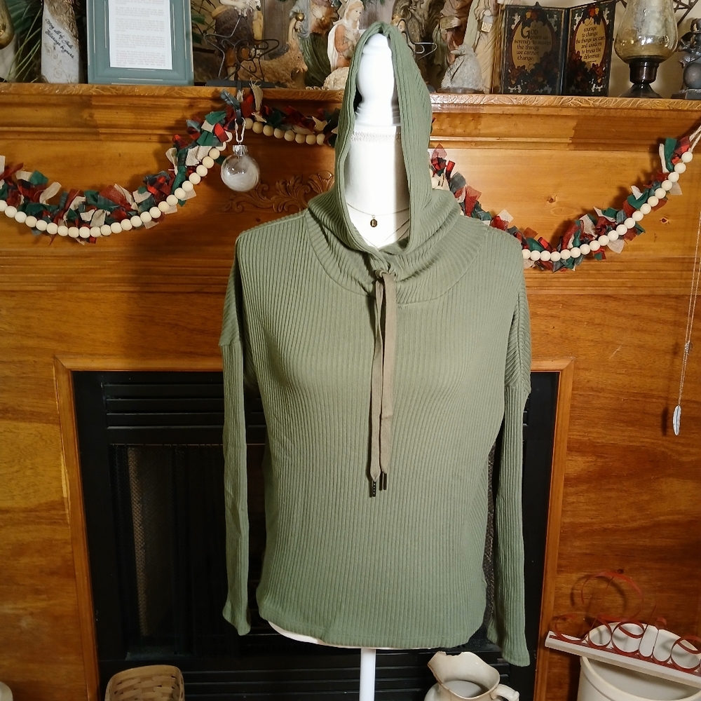 lett Bari Hoodie Ribbed Knit Sweater In Moss Green